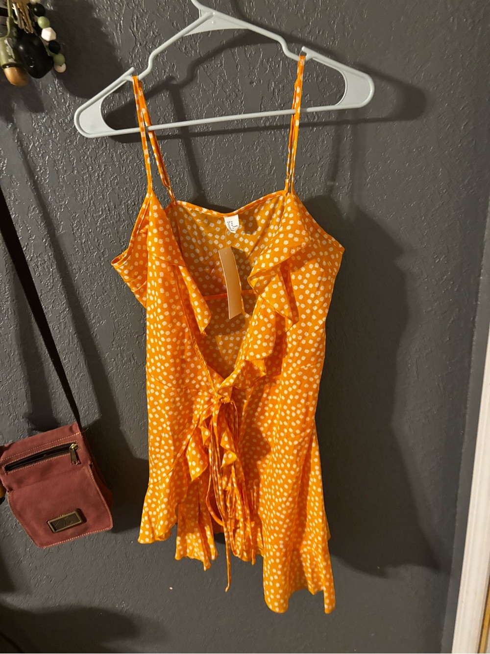 Womens size M New With Tags ROMWE Orange Polka Dot Ruffle Tie-Front Cami